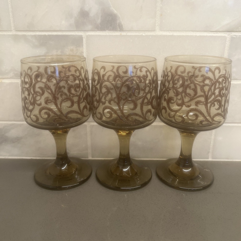 3-VTG '70s Libbey Prado Moriage Scroll Wine Goblets Brown Tawny Smoked Glass